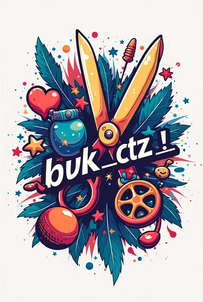 One logo image that image is collage of  Instragram, cinema, circket,song and include cartoon scissor and add text is bvk_ctz_