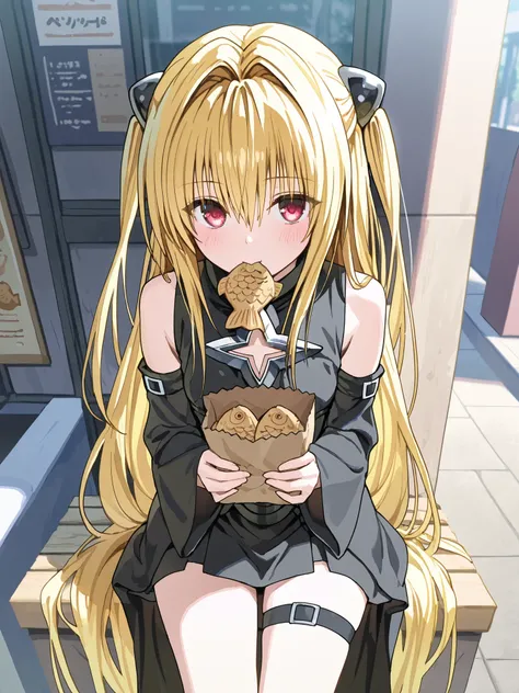 1girl ,konjiki no yami ,bag ,bare shoulders ,black dress ,blonde hair ,blush ,closed mouth ,clothing cutout ,cowboy shot ,day ,detached sleeves ,dress ,eyelashes ,eyes visible through hair ,food ,food in mouth ,hair between eyes ,hair intakes ,holding ,hol...