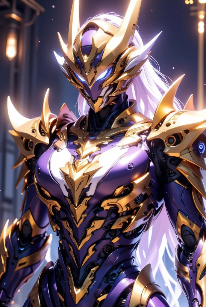 Humanoid Battle Cyborg　A design with a dragon as a motif　purple body　golden lines　The only parts on the face are eyes that shine gold　There is no mouth or nose　There is a core that shines gold in the middle of the torso　