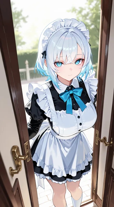 masterpiece, best quality, detailed face, detailed eyes, 1 girl, solo, beautiful, big chest, slender body, mature, light makeup, adorable, sharp eyes, closed mouth, short hair, blue hair outer, white hair inner, long side bangs, short tidy bang, vibrant bl...