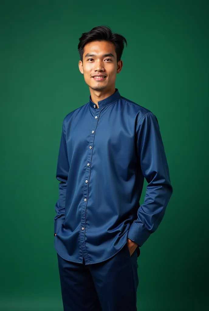 Portrait of a 25 year old mature sawn-skinned handsome young man Wearing a blue Malay shirt and trousers and songket. Original photo UHD 64k. Green background of a large mosque logo, luxurious, elegant very bright, and there is a picture of the hood on the...