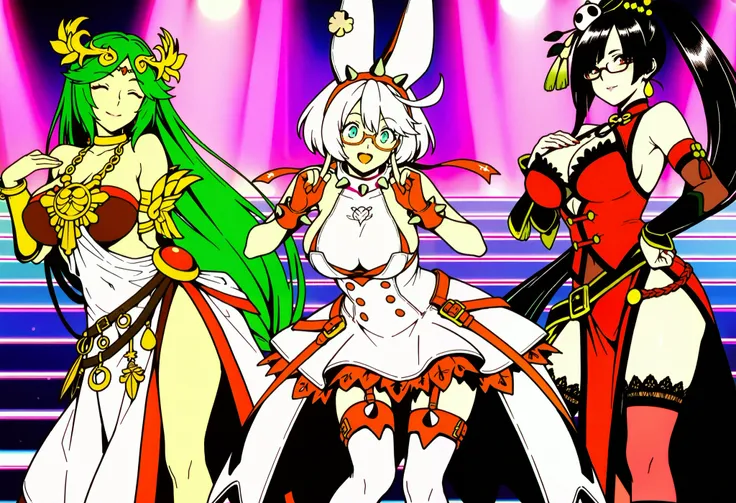 score_9, score_8_ up, score_7_ up,  source_anime, (anime coloring, anime screencap:1.2), flat color,  shiny skin , masterpiece, top quality, anatomically corrected, perfect body,face, (3girls),((elphelt valentine :1.3)),((palutena:1.3)),((litchi faye ling,...
