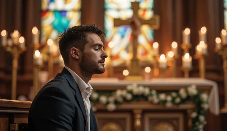 A handsome man with well-defined features sits slightly away from the camera beside a grand altar, his eyes closed and head bowed in deep prayer. The background, captured with a realistic high-resolution bokeh effect, softly blurs an ornate golden cross mo...