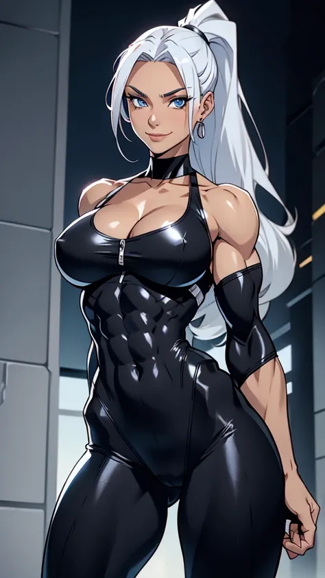 supermodel, (Felicia Hardy, Black Cat), (((biceps, triceps, eight pack abs))), double biceps pose, bicep straps, large breasts, silver hair, slim, toned, tall, sleek, slender, seductive smile, gentle smile, ((black costume, catsuit, white accents, cleavage...