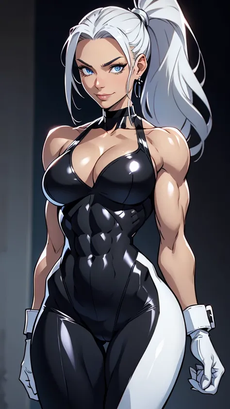 supermodel, (Felicia Hardy, Black Cat), (((biceps, triceps, eight pack abs))), double biceps pose, bicep straps, large breasts, silver hair, slim, toned, tall, sleek, slender, seductive smile, gentle smile, ((black costume, catsuit, white accents, cleavage...