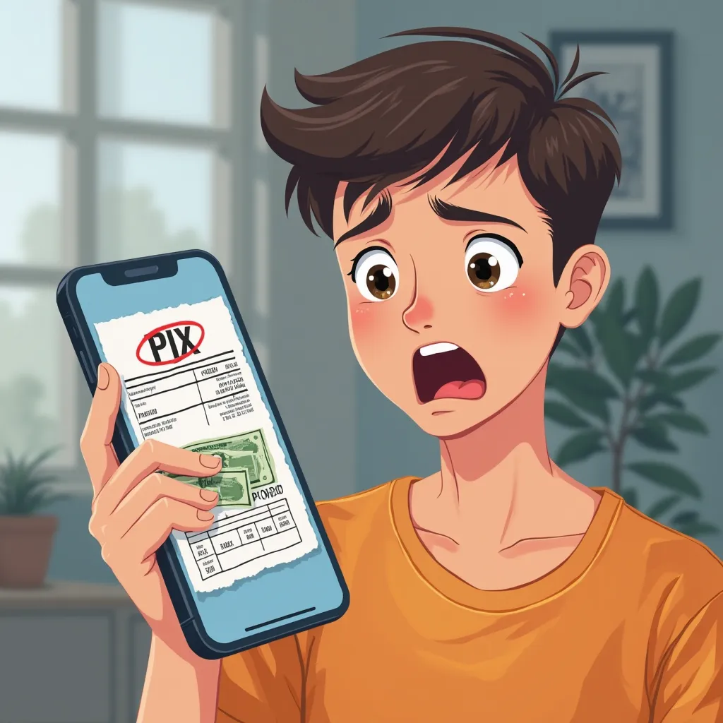 "A realistic illustration depicting a financial embezzlement scam. A 22-year-old displays an expression of shock and concern while holding a smartphone.  On the cell phone screen , a fraudulent payment slip displays suspicious PIX details and fake bills, h...