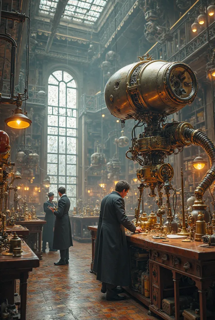 Realistic vertical image of a laboratory in the Victorian era where they make robots.