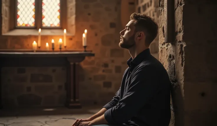 A handsome man with well-defined features sits slightly away from the camera beside an old stone cross inside a dimly lit church, his eyes closed and head bowed in deep prayer. The background, captured with a realistic high-resolution bokeh effect, softly ...