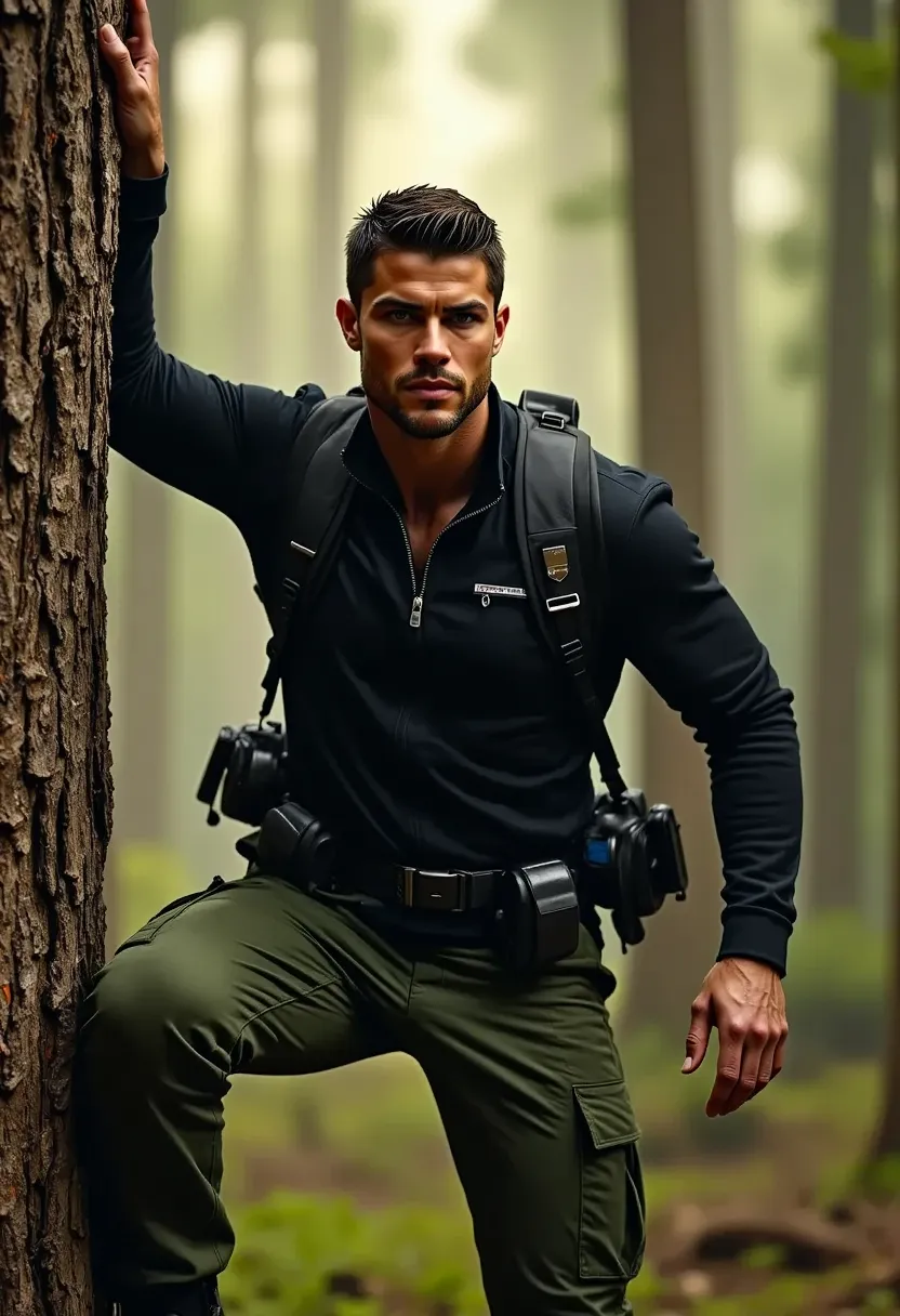 Cristiano Ronaldo and the Team Successfully Rescuing the Man
Cristiano Ronaldo, along with the group of hikers, lifts the tree just enough for the trapped man to be pulled out. His face shows both strain and determination, his arms visibly flexed from the ...