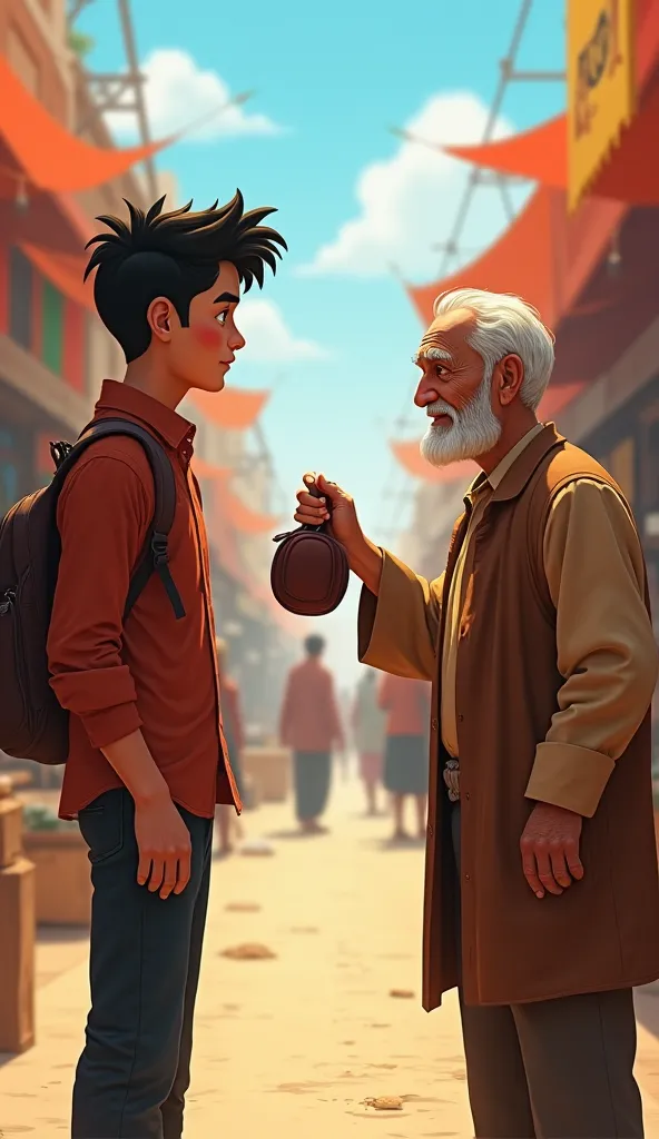 The moment when Rohan and the old man come face to face. Rohan holds up the purse, and the old man looks at it with hopeful eyes. The marketplace hums with life in the background. cartoon type