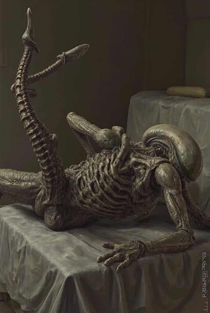 Alien Xenomorph lying on a bed with an erect penis on display