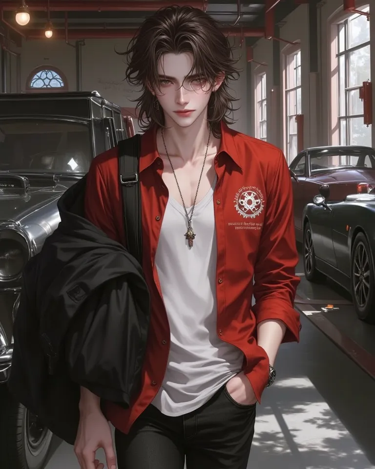 Handsome looking young male student, long hair, Brown Hair,ทรงผมSoft Mullet , dark eyes, Long iris,Stare,A slight smile,look at the viewer,  university background,Blacklawn car repair, Light and shadow,Character Design, Dress style, white T-shirt inside, b...