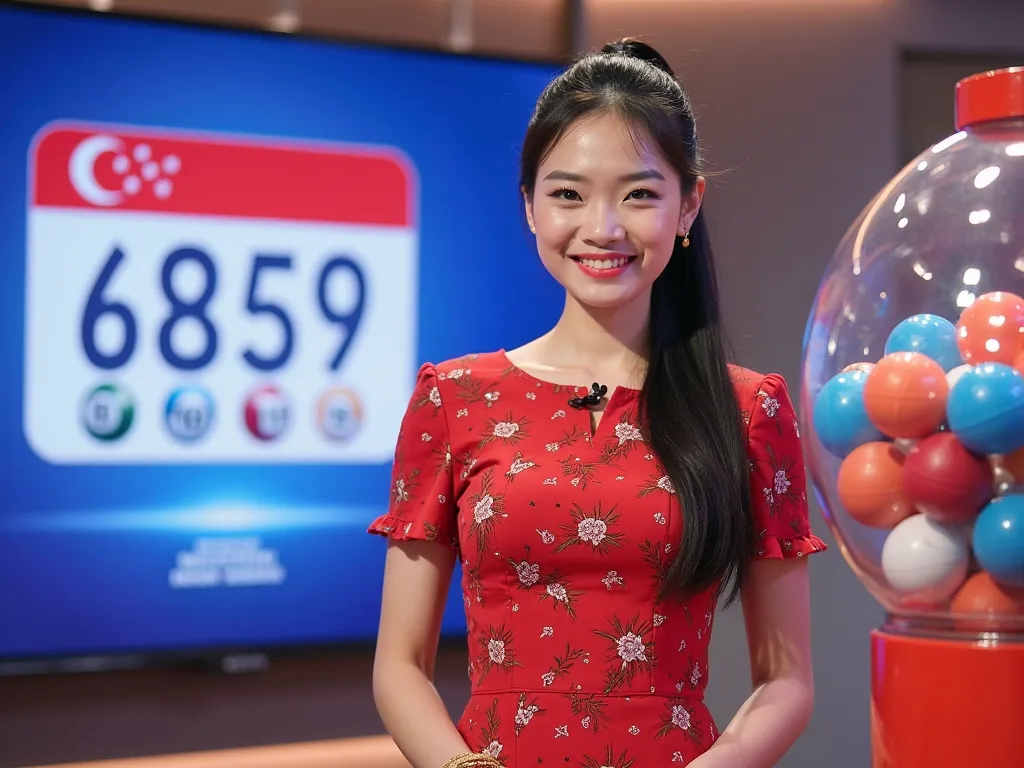 A young pretty Asian female presenter stands in a studio. She is positioned slightly to the right of the center of the frame, facing the viewer directly. She has long, straight black hair in a ponytail. Her expression is pleasant and smiling. Her skin is f...