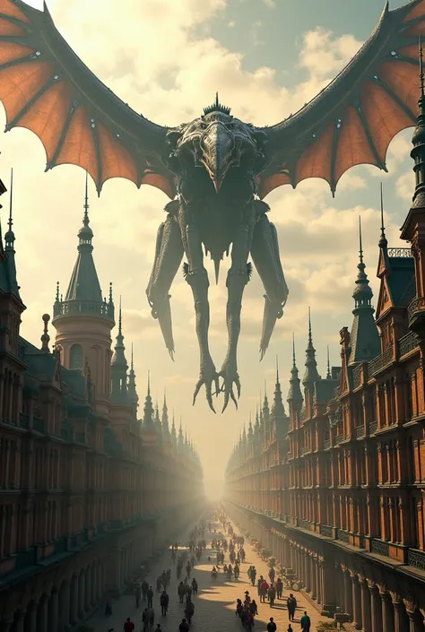 Realistic vertical image of Victorian era city and giant pterodactyl robot in the sky