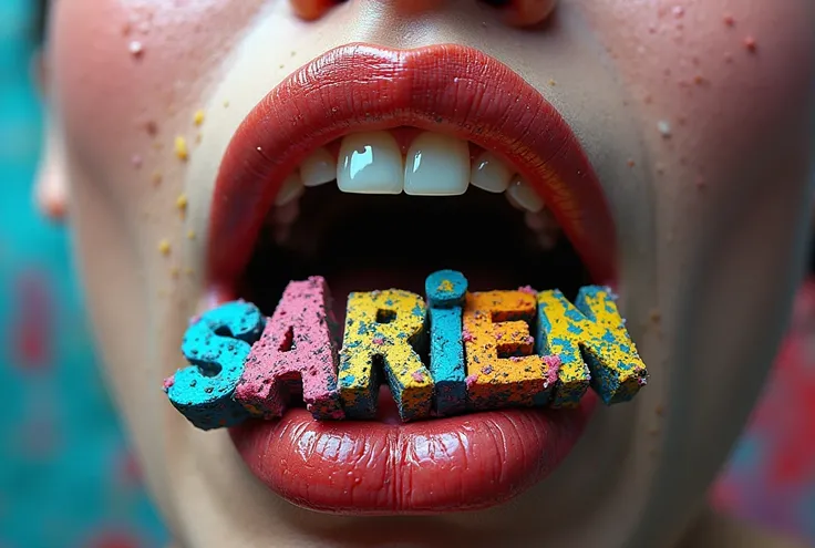 Mouth chewing on colorful graffiti letters 