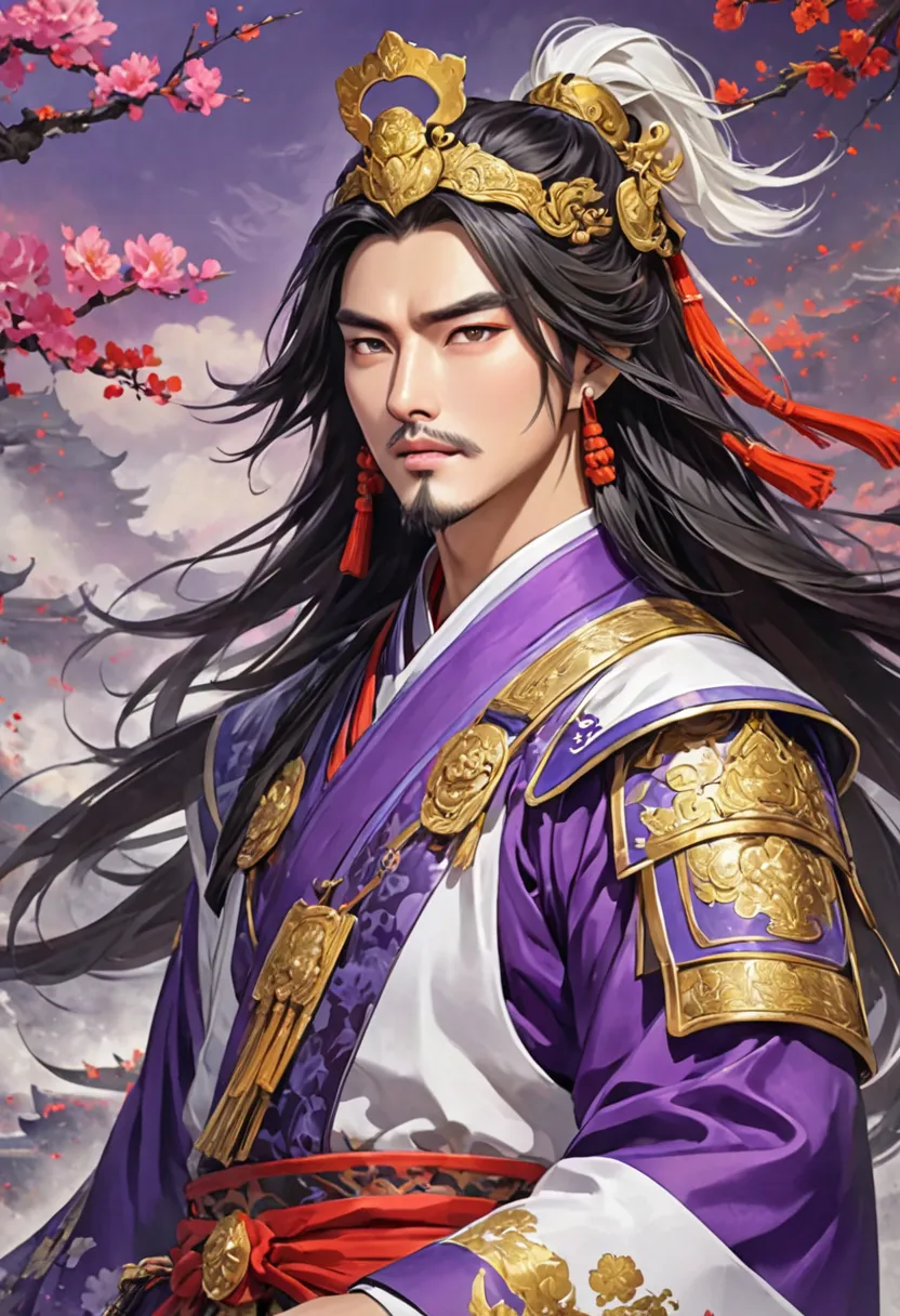 Ancient Chinese of the Three Kingdoms, of the Thai Van Co,  meet Cao Cao, who has sensed your talent and redeemed you. .purple white dominant