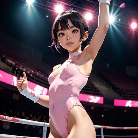 Illuminated by the colorful arena lights, cute Japanese girl fighter is walking down the aisle in the arena. (((She is raising one hand to the audience))). She has a spirited look on her face and her eyebrows are raised. She flaunts her prized shaped body ...