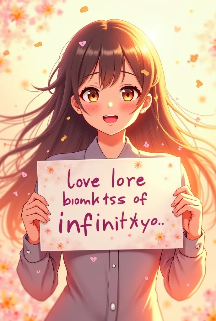 a beautiful and cute woman holding up a sign "i love infinity", joyful, happy, anime illustration, photorealistic, oil painting