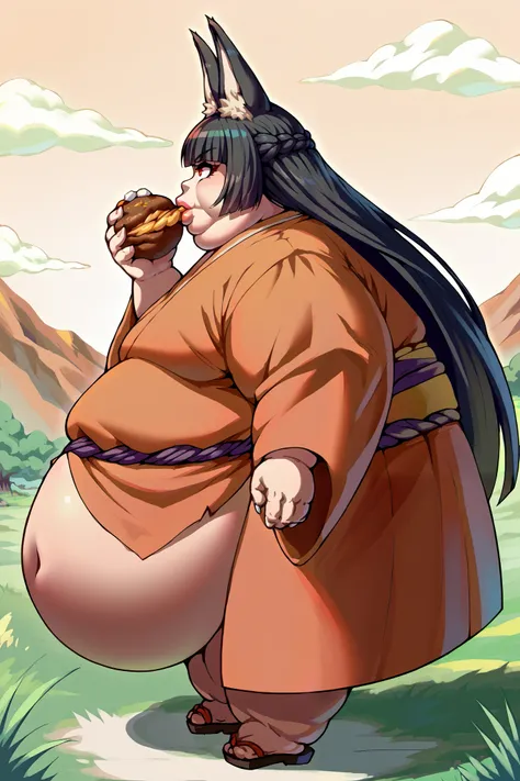 Girl becoming a monster, becoming a troll, fat, chubby, obese, kimono, score_9, score_8_up, score_7_up, source_anime BREAK 1girl, solo, hoshimi, red eyes, black hair, very long hair, blunt bangs, braid, fox ears, big ears, big nose, big lips, 900 pounds, 1...