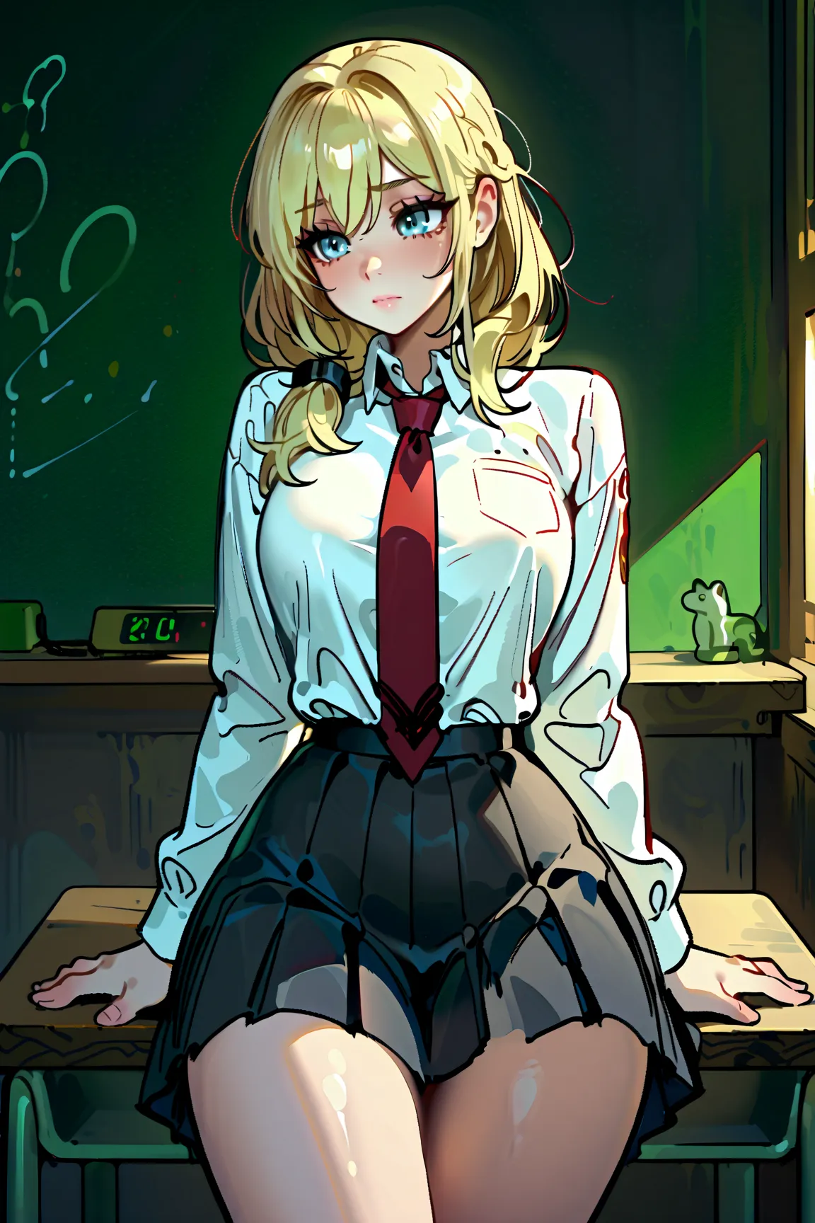 score_9, score_8_up, score_7_up, solo, 1girl, 20 years, Slender, pony hairstyle, narrow shoulder, narrow waist, curvy hips, thick lower body, teardrop shaped figure, in school uniform, highres, absurdres, solo, Manhwa artstyle, 1girl, best quality, masterp...