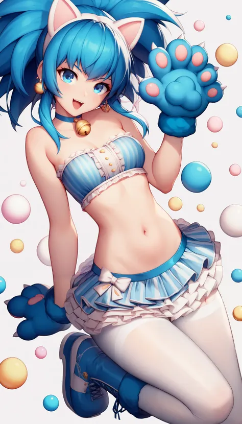 blue Hair、leonakofdg、blue eyes、costumes unified in pastel blue, pastel blue fake cat ears on head,pastel blue tweed material, extremely detailed tweed texture and pattern, pastel blue tweed cropped camisole with lace-up on chest, bandeau bikini shaped ches...