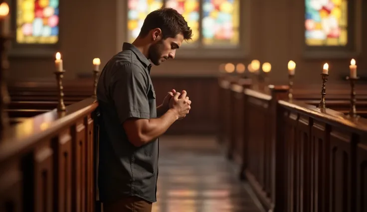 A handsome man with well-defined features kneels at a church pew, his hands folded in prayer, eyes closed, and head slightly bowed in deep contemplation. The photo is taken from the front, showcasing rows of wooden church pews extending symmetrically on bo...