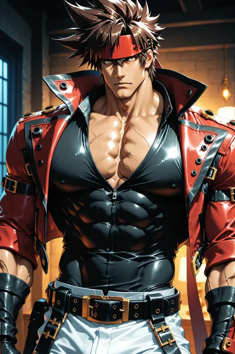masterpiece, best quality, absurdres, newest, very aesthetic, amazing quality,highres, 1boy, male, Sol Badguy, brown hair, gold eyes, black vest, red jacket, belt, headband,ultra-detailed, intricate details