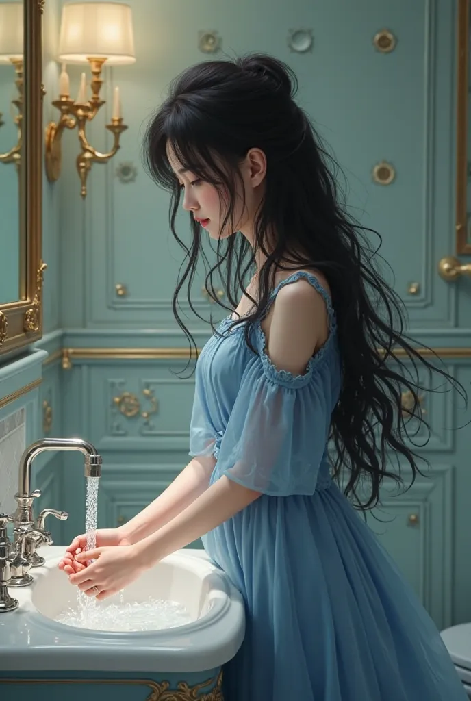  girl with black hair and blue dress is turning off the faucet after washing her hands