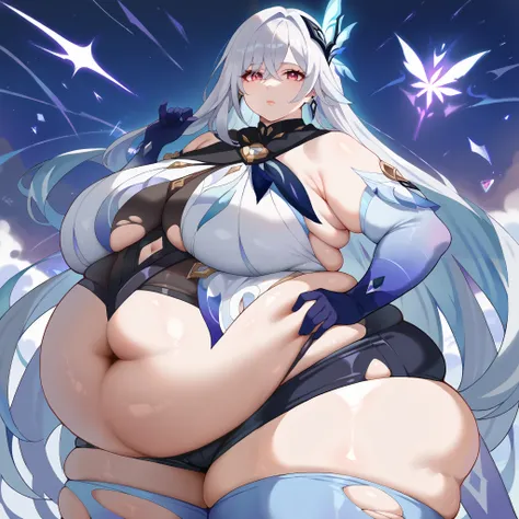skirk \(genshin impact\), genshin impact, 1girl, solo, breasts, long hair, gloves, thighhighs, looking at viewer, elbow gloves, hand on hip, bangs, hair ornament, jewelry, blue gloves, bare shoulders, grey hair, large breasts, earrings, thighs, blue thighh...