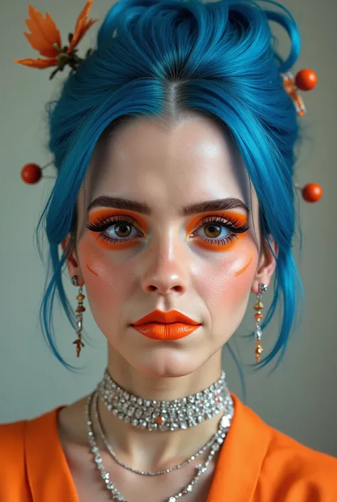 incredibly long and voluminous eyelash extensions, girl laughs a lot, Bright orange makeup, blue hair ,  hair bun , diamond earrings , collar