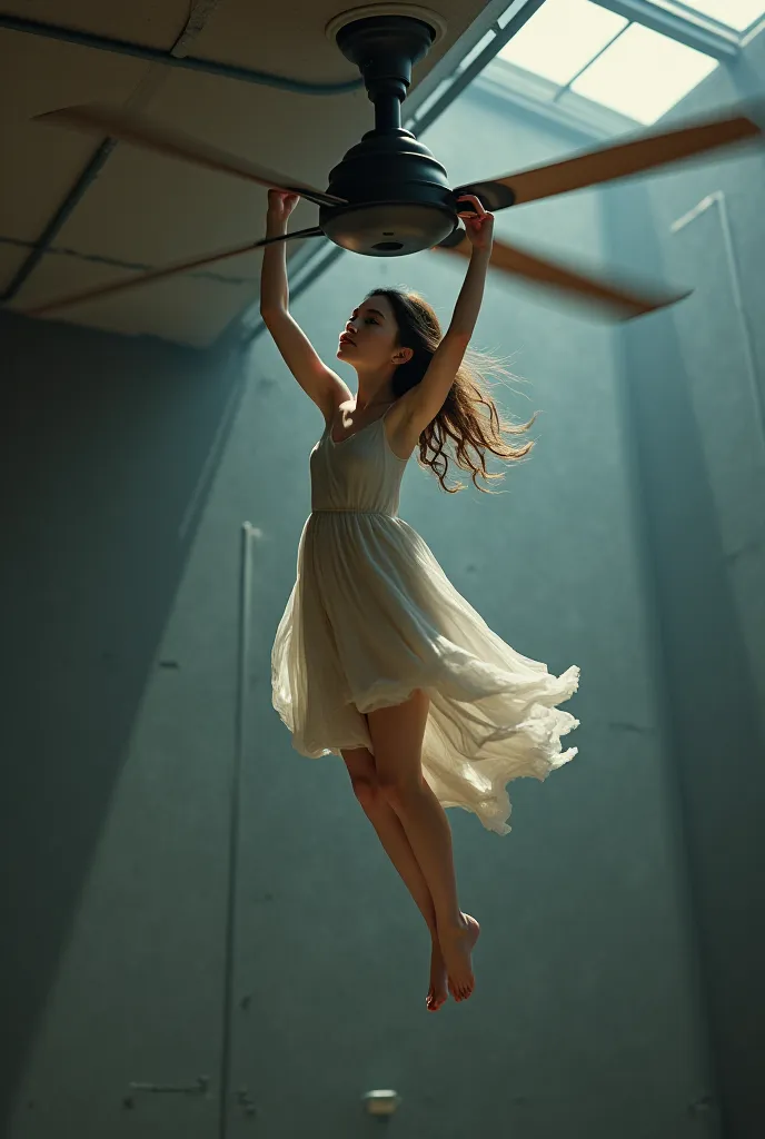 girl hanging from a fan