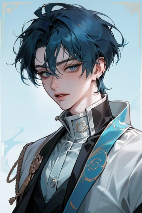 anime guy with blue hair and piercings looking at the camera, tall anime guy with blue eyes, handsome guy in demon slayer art, male anime style, beautiful androgynous prince, handsome anime pose, high quality anime artstyle, anime handsome man, delicate an...