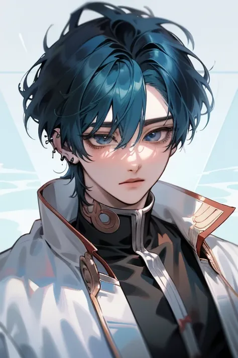 anime guy with blue hair and piercings looking at the camera, tall anime guy with blue eyes, handsome guy in demon slayer art, male anime style, beautiful androgynous prince, handsome anime pose, high quality anime artstyle, anime handsome man, delicate an...