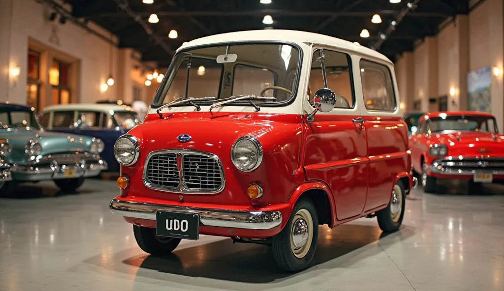 "A high-quality, photorealistic image of a vintage Subaru 360 microvan viewed from the front. The car has a compact red body with a white roof, round headlights, a chrome front grille, and a classic Subaru emblem. The license plate displays '360', and the ...