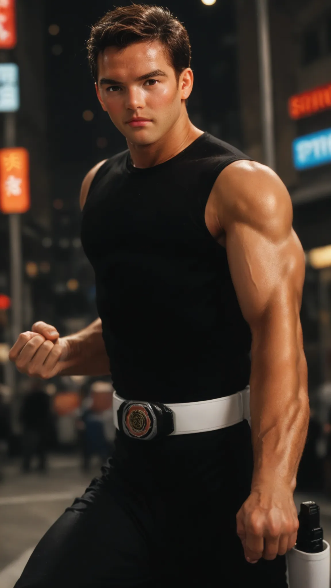 1Man，alone，  male focus  ，Full of sunshine ，【20s， Brown hair ， Tall Body ，Full of muscle lines，Brown eyes，Combat Style，Right Hand Raised Fist，full of confidence， city background ，anime style