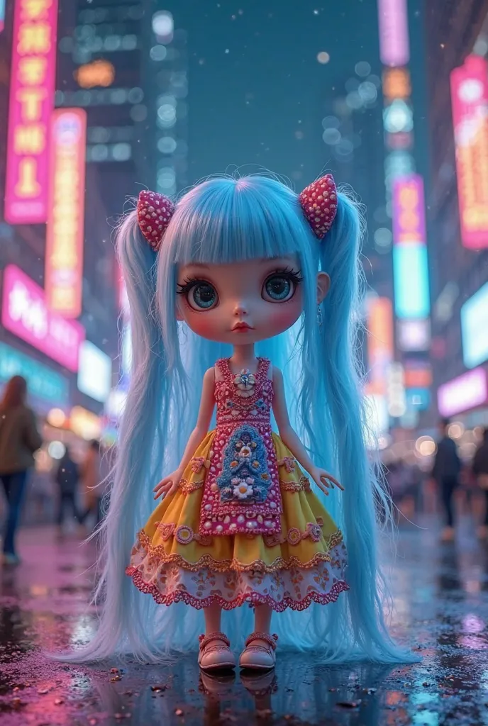  Blythe Doll， light blue twin tails ，brightly colored dress， night city