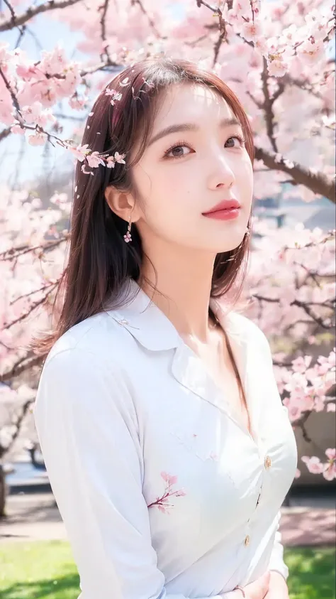 ((highest quality)), ((8K)), ((masterpiece: 1.3)), (perfect appearance), (photorealism: 1.6), (MN), (Mature woman looking up at the cherry blossom tree), perfect anatomy, ((Age 65)), (I'm looking up at the cherry blossoms blooming on the trees), ((white bl...