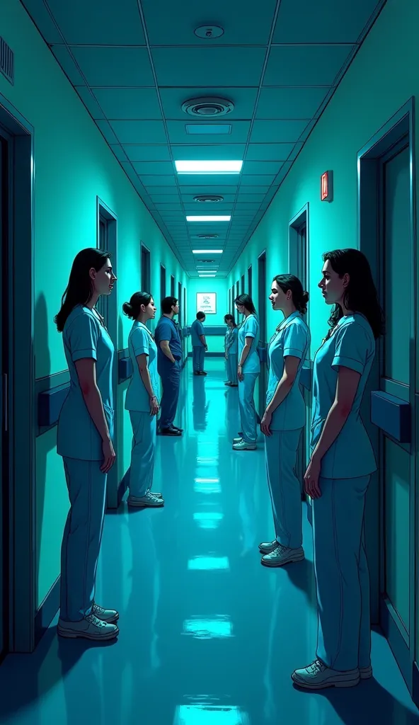 Prompt: "Interior of the Serafim Ferreira Psychiatric Hospital, designed in comic style with silent corridors illuminated by cool lights in shades of blue. Nurses and patients are in calm poses, with soft features. An atmosphere of peace is shattered by a ...