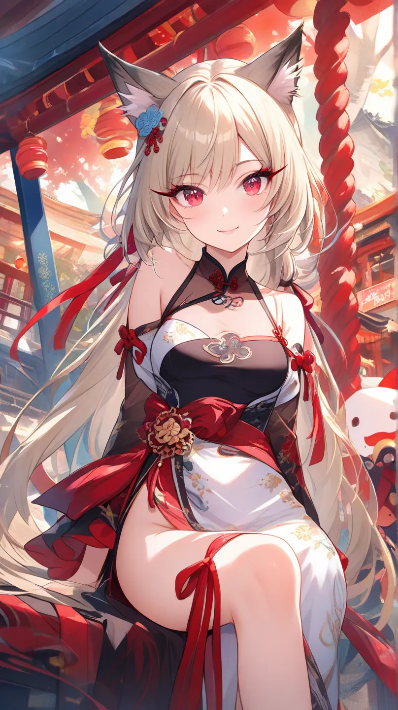 Girl with long hair and black cat ears、(Scarlet Eyes、long lashes).bungs( Silver Blonde Hair ) nice smile、Chinese dress with a shrine maiden( Chinese dress with deep slit)、Sexy appearance、 perfect fingertips、I can see a beautiful collarbone、A pretty low ang...