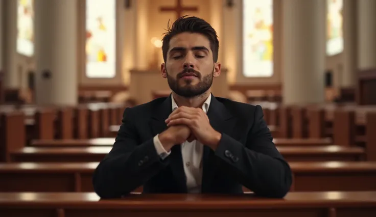 A handsome man with well-groomed hair and a neatly trimmed beard, wearing a black suit, sitting on a wooden church pew in a grand cathedral. He is deeply engaged in prayer, his hands clasped together, eyes closed, and a serene yet intense expression on his...