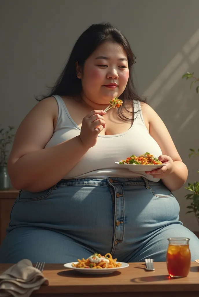 Obese Asian woman eating realistically beautiful with jeans