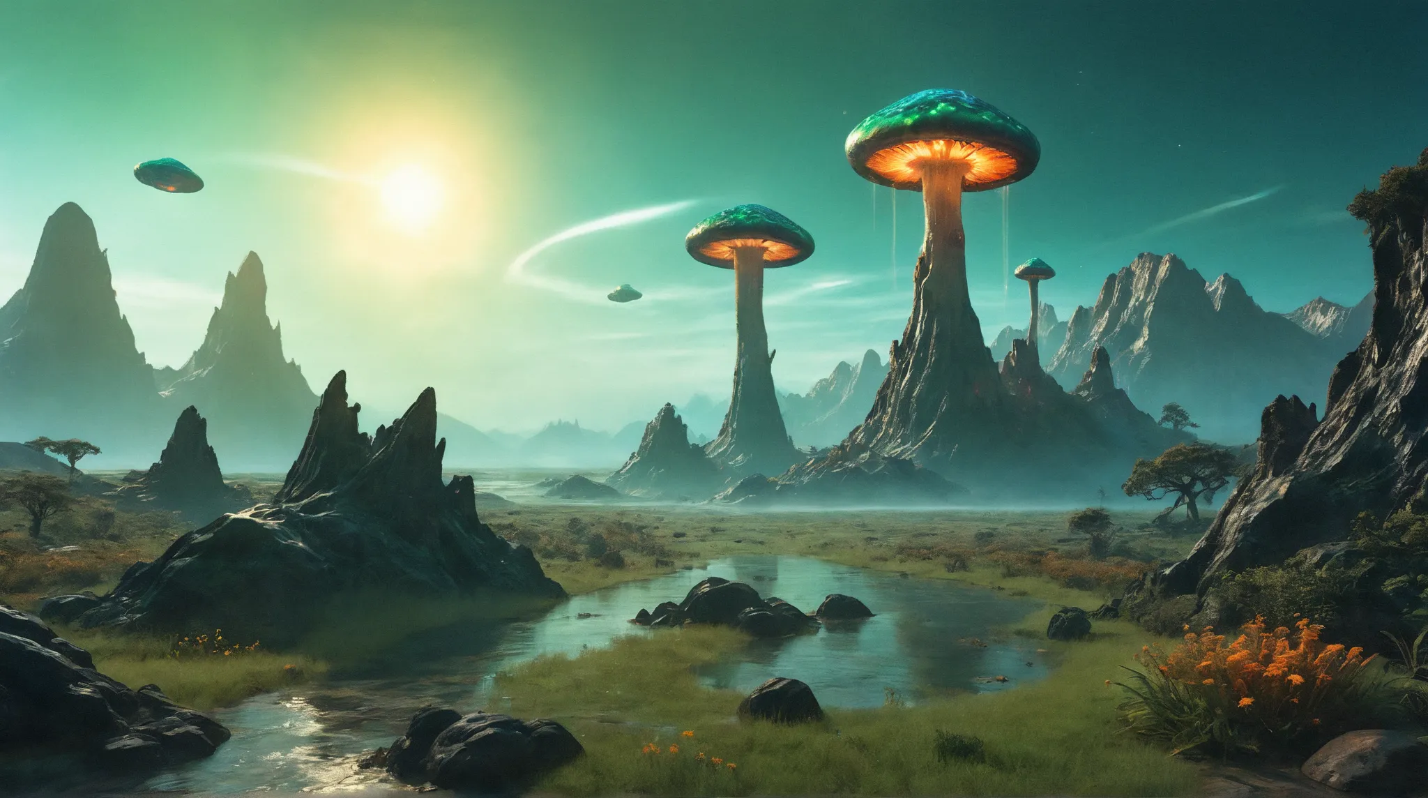 A breathtaking alien world featuring a surreal landscape lit by the pale green light of an alien sun. Towering bioluminescent mushrooms reach toward the sky, pulsing with an eerie glow. In the distance, jagged obsidian mountains pierce the horizon, their p...