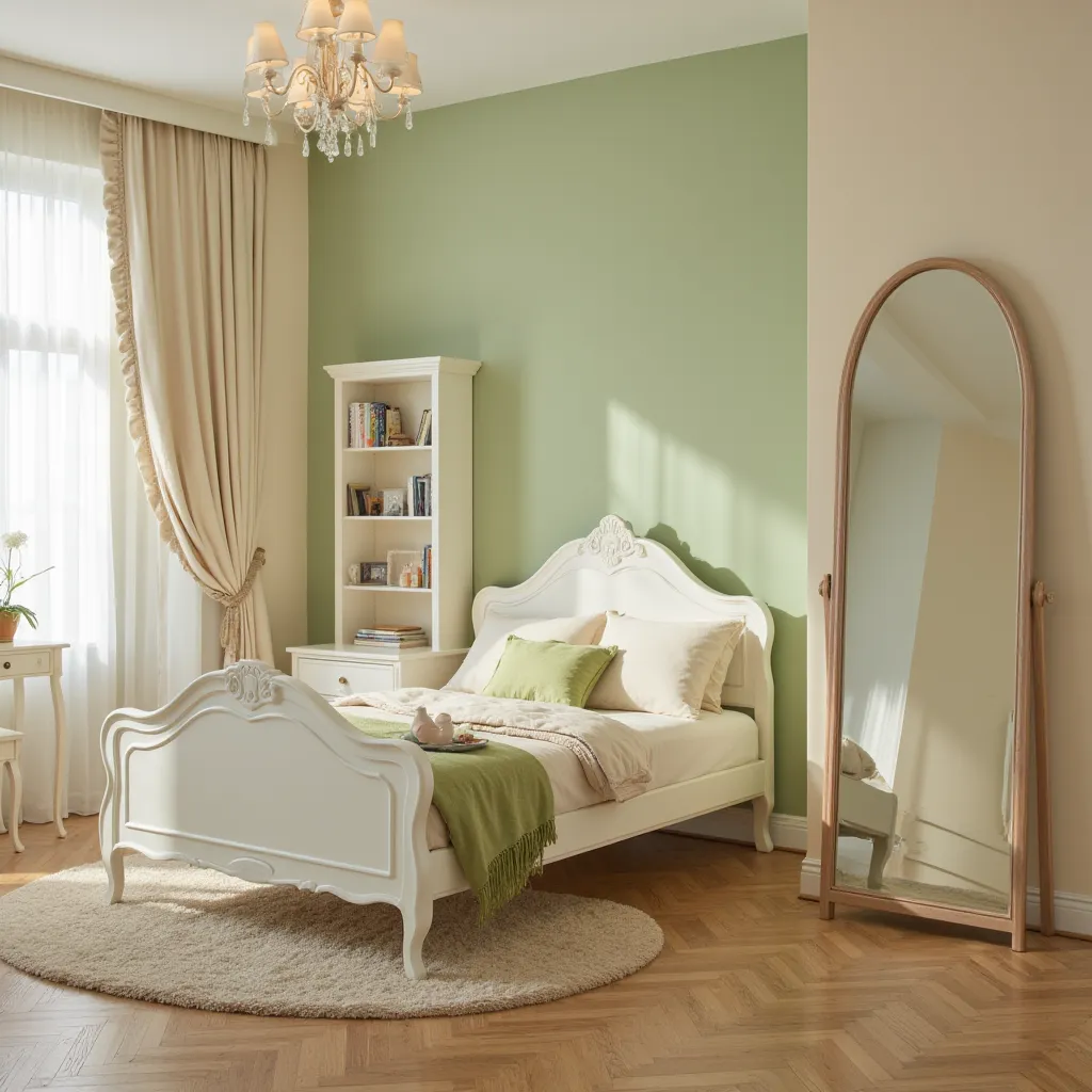 A bedroom with a single bed with white wood and cream and green pillows and blankets, next to a sage green wall.
The rest of the walls are cream. There is a white bookcase and a table and chair in the room. The floor is covered with wooden parquet with a s...