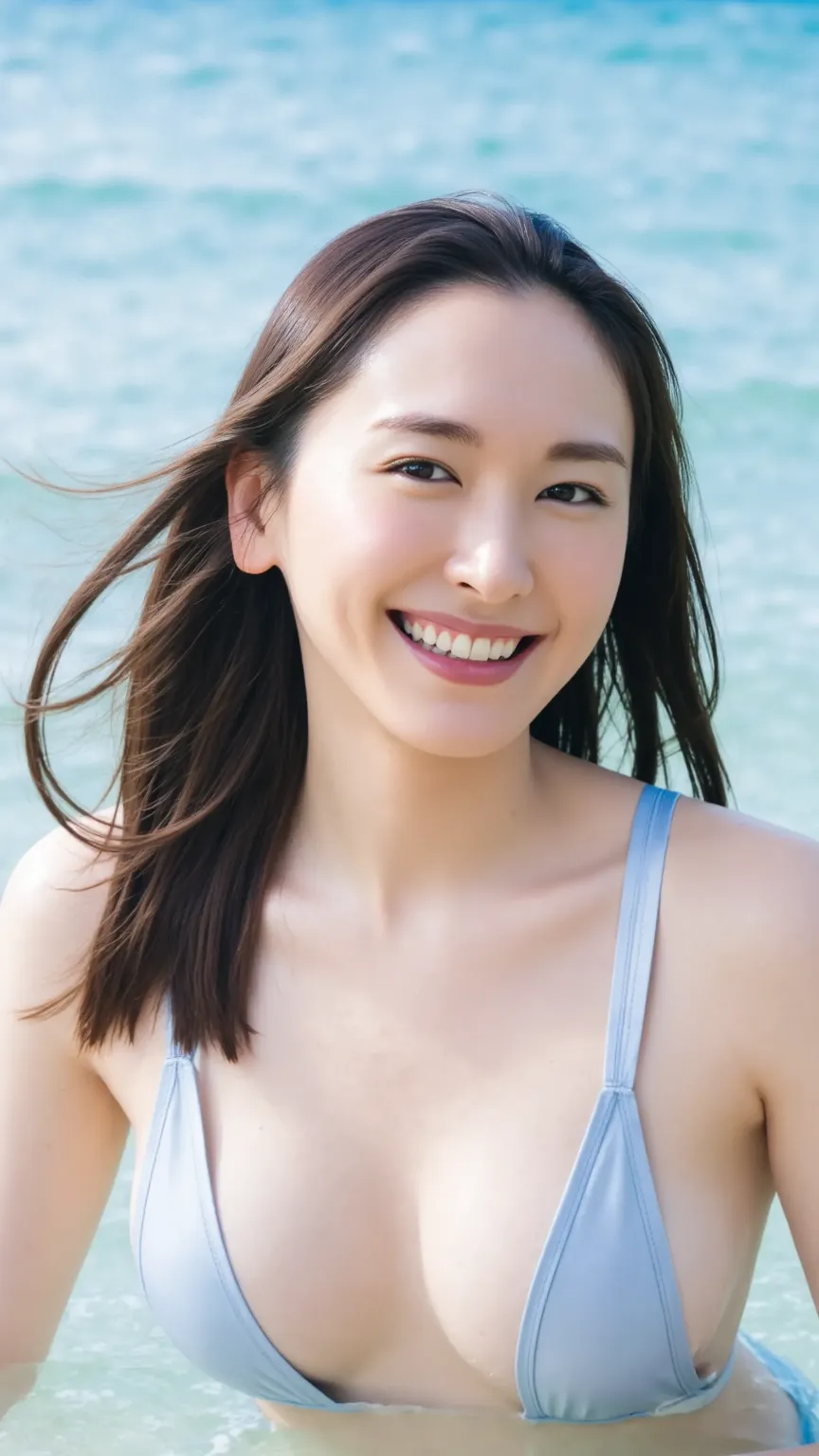 Chest Valley（Between the breasts）A beautiful Japanese woman soaks in the ocean wearing a slingshot bikini with emphasis on。Very bright natural light 。big smiles。 black hair。Very Long Hair。My hair is soaked in the ocean and is spreading wide。