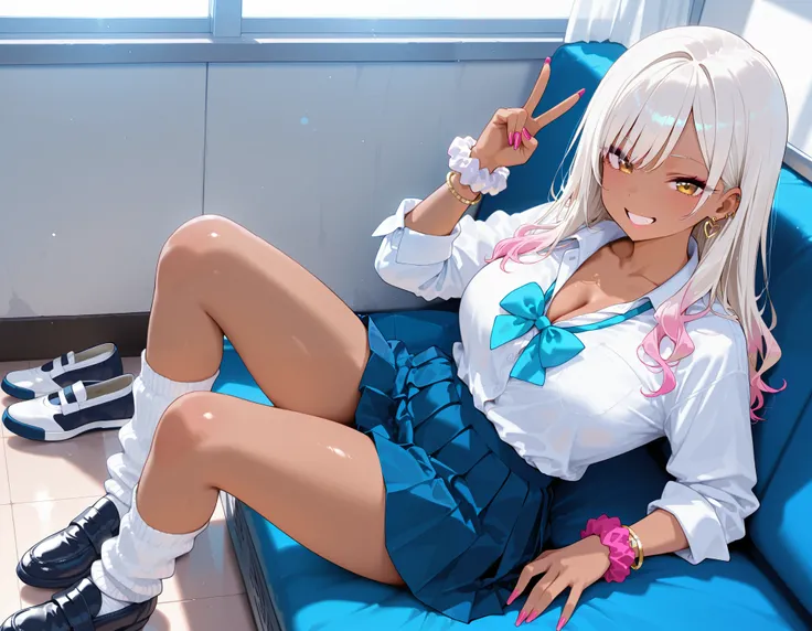 ,gyaru, collarbone, bow, loose bowtie, white shirt, collared shirt, long sleeves, bracelet, wrist scrunchie, blue skirt, pleated skirt,
white socks, white loose socks, (indoor shoes:1.3), (white indoor shoes:1.3), (school shoes:1.3),