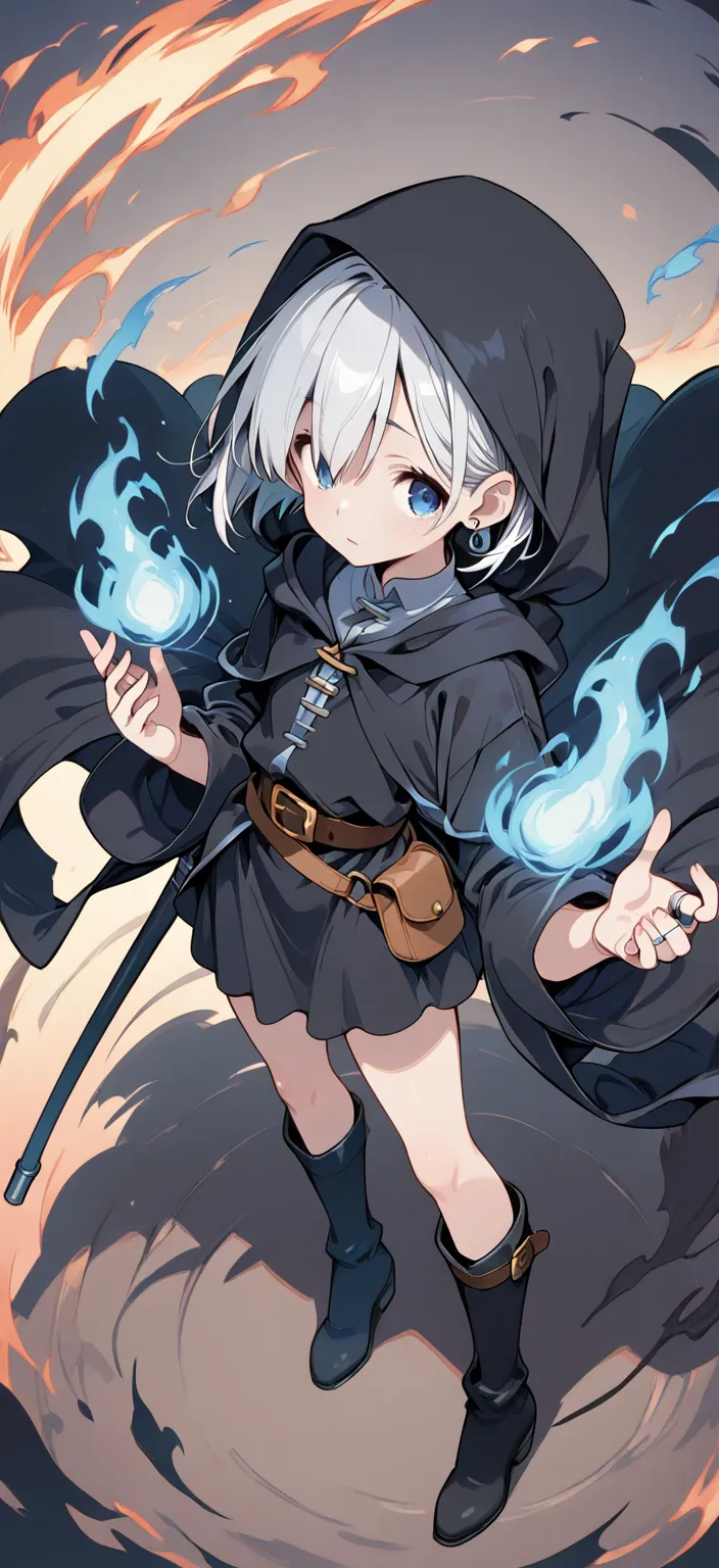  Female Wizard 　hairstyle is short silver bob　 blue eyes　 zitoida 　 Modest chest　black matte long robe　miniskirt　boots　wears a hood　small earrings for the ears as an accessory、ring（big）、waist belt slightly loose　Small pouch 　Long cane equipment　Full Body　F...