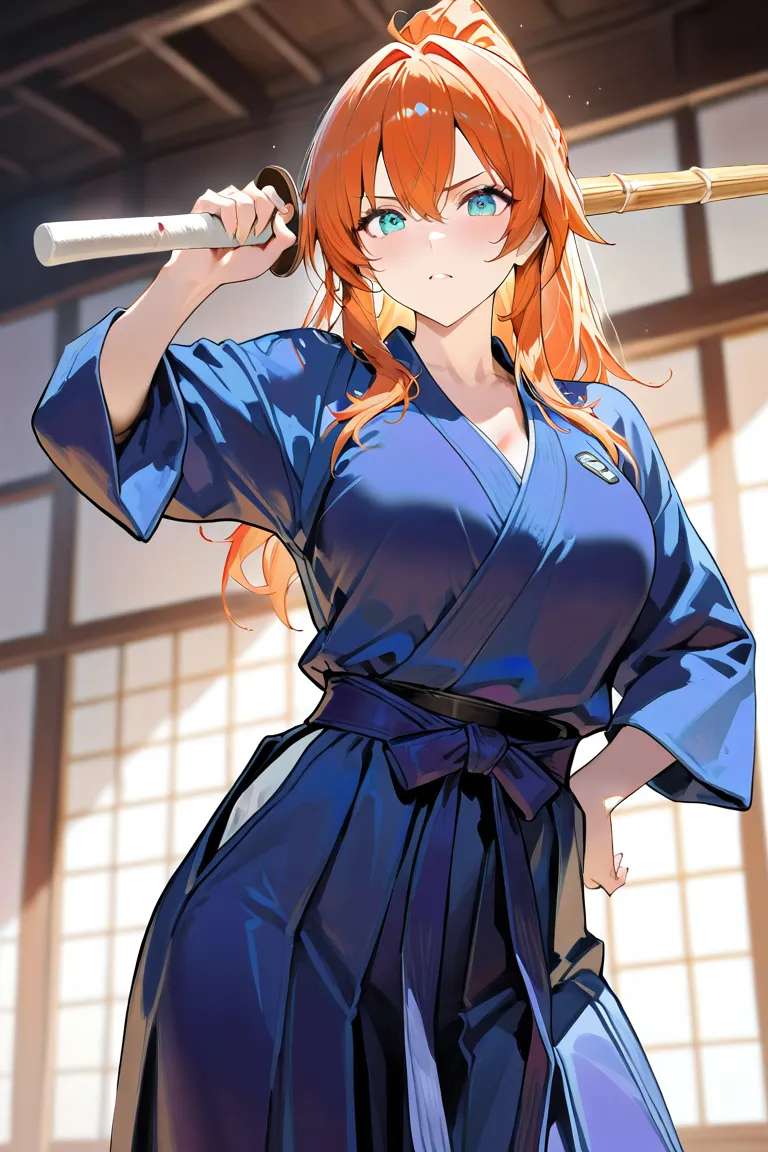 ((best quality)), ((masterpiece)), ( details),A sporty girl with a toned physique and short, practical hair. She is wearing a kendo uniform, holding a shinai with a determined expression. Background: a traditional kendo dojo.