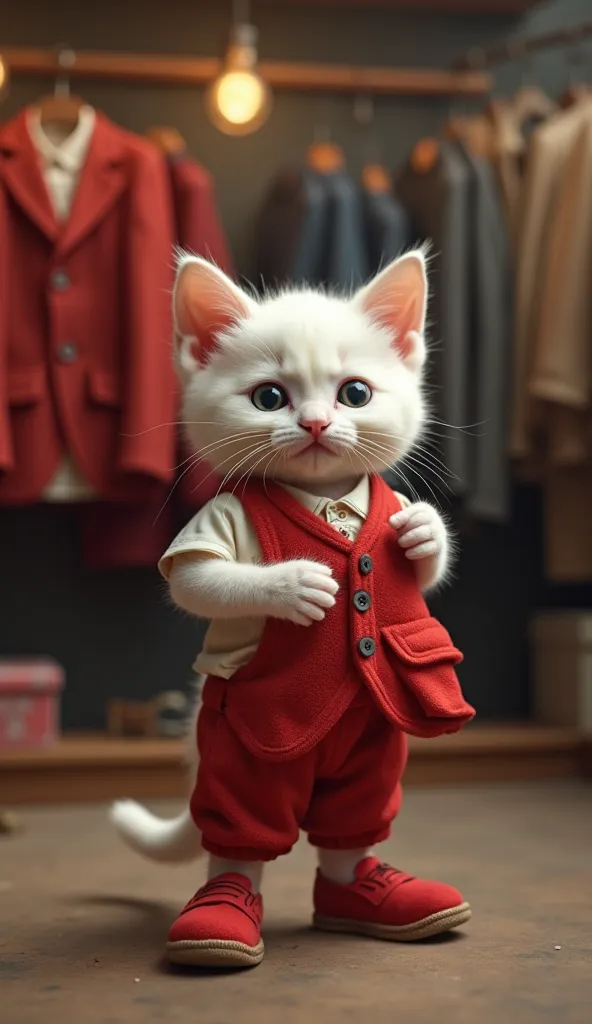 "A weak and poor little white kitten, wearing a torn t-shirt and half-pants with many holes, stands in a small clothing shop. Its dusty face lights up with excitement as it holds a brand-new red three-piece suit with matching shoes. The kitten gently touch...