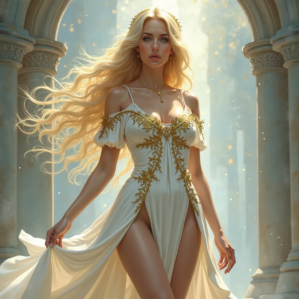 Create the image of a beautiful blonde priestess, with blue eyes ,  a busty breast , Bare legs. Wearing a white dress with gold trim. It must be beautiful, a work of art that everyone loves 