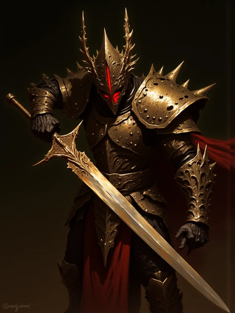 A sinister warrior with a broad sword covered in runes,  ominous bone armor and a helmet with a crimson eye, A warrior pulls his sword out of his scabbard, ominous atmosphere, high quality, realistic quality